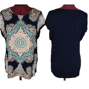 DR2 Women's Mixed Print Boho Short Sleeve Blouse Size Medium